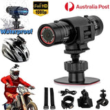 Black HD action camera with waterproof housing and handlebar mount kit