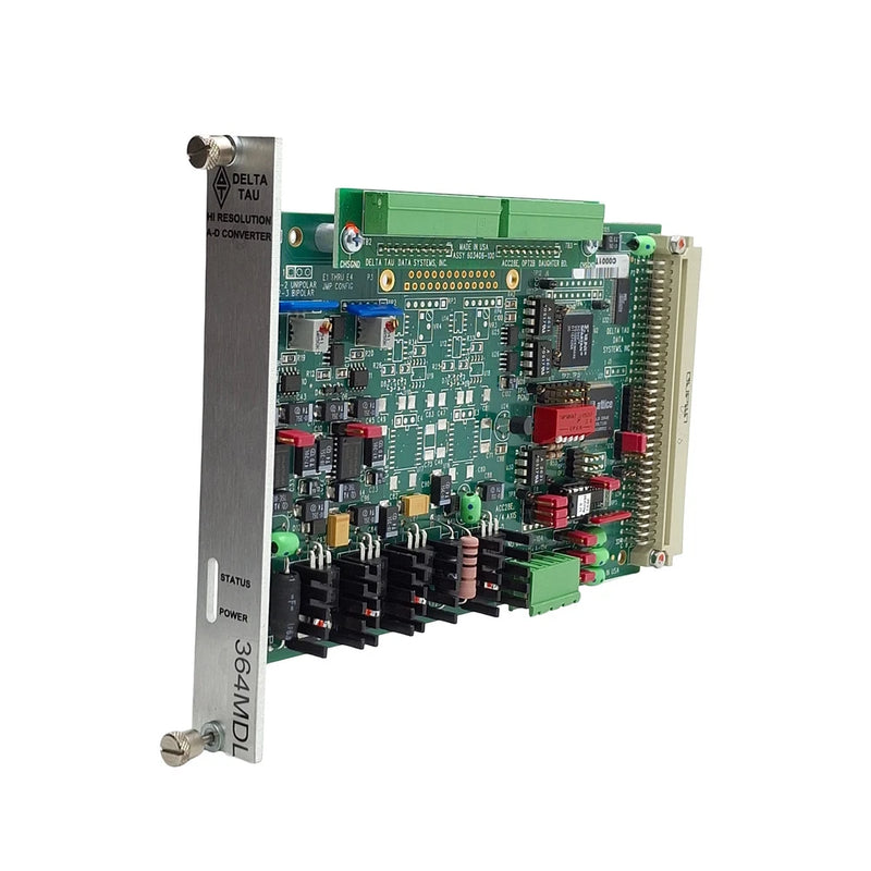 Delta Tau A/D converter input card with green PCB, metal bracket, and status/power labels