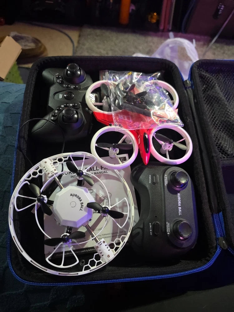 Kids nano quadcopter drone set with two controllers and carrying case, prop guards