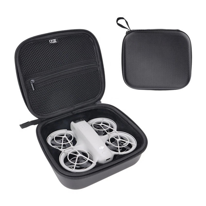 Handheld drone organizer case, black zippered hard-shell with mesh interior pockets