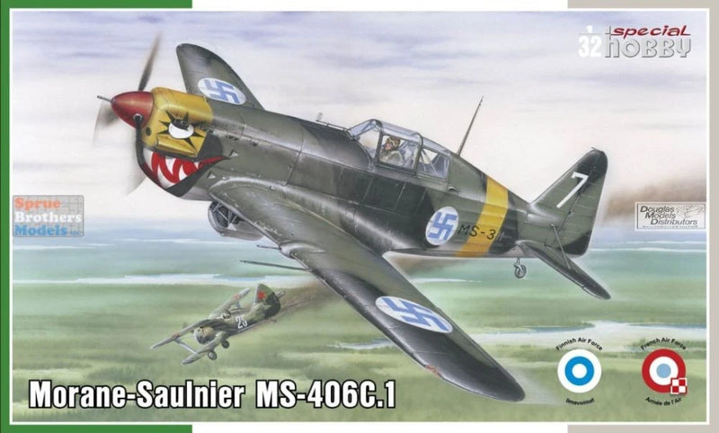 1:32 Morane-Saulnier MS-406C.1 model kit box with gray fighter aircraft illustration