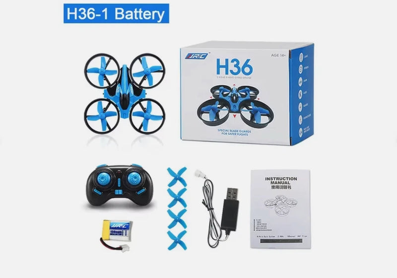 H36 mini 6-axis quadcopter drone kit with blue remote controller, manuals, and charger