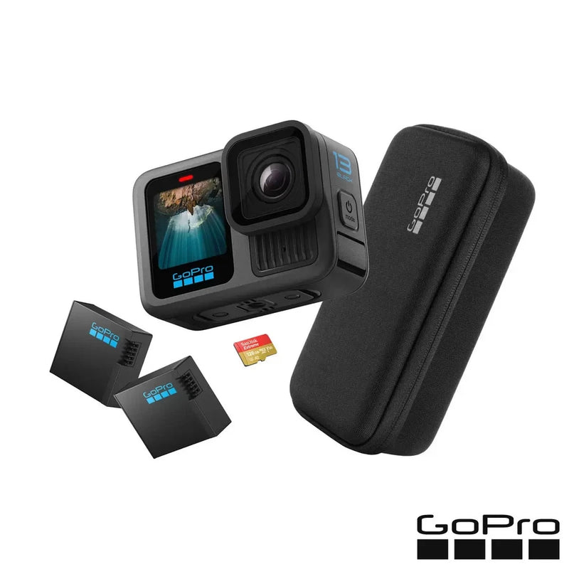 Black action camera bundle with case, extra batteries, and microSD card