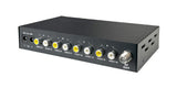 Black 4-channel analog RF coax modulator with four RCA audio/video inputs and RF out
