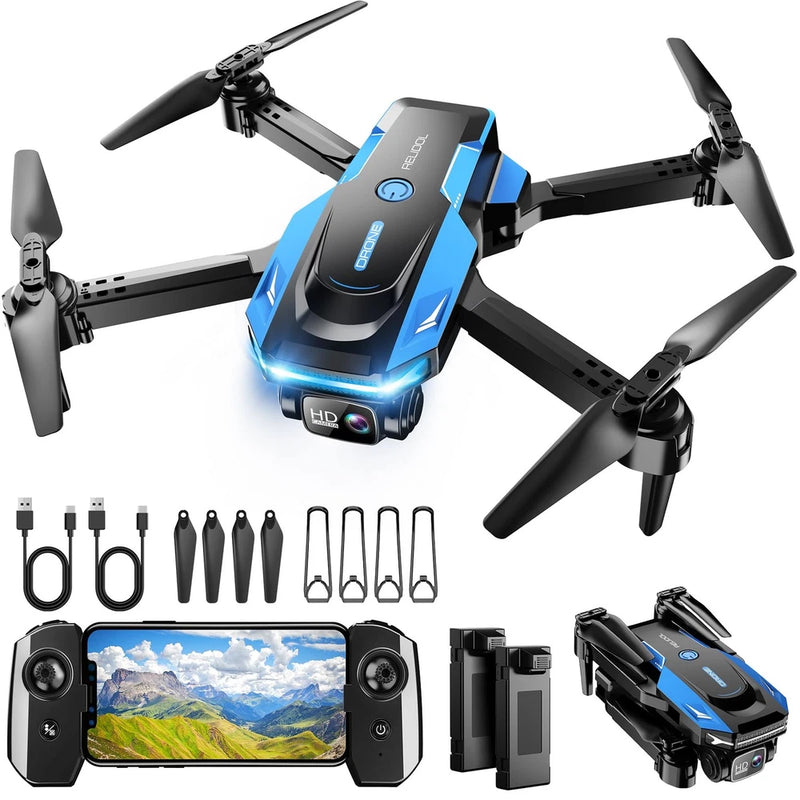 Foldable quadcopter drone with blue body and 1080P camera, shown with remote controller accessories