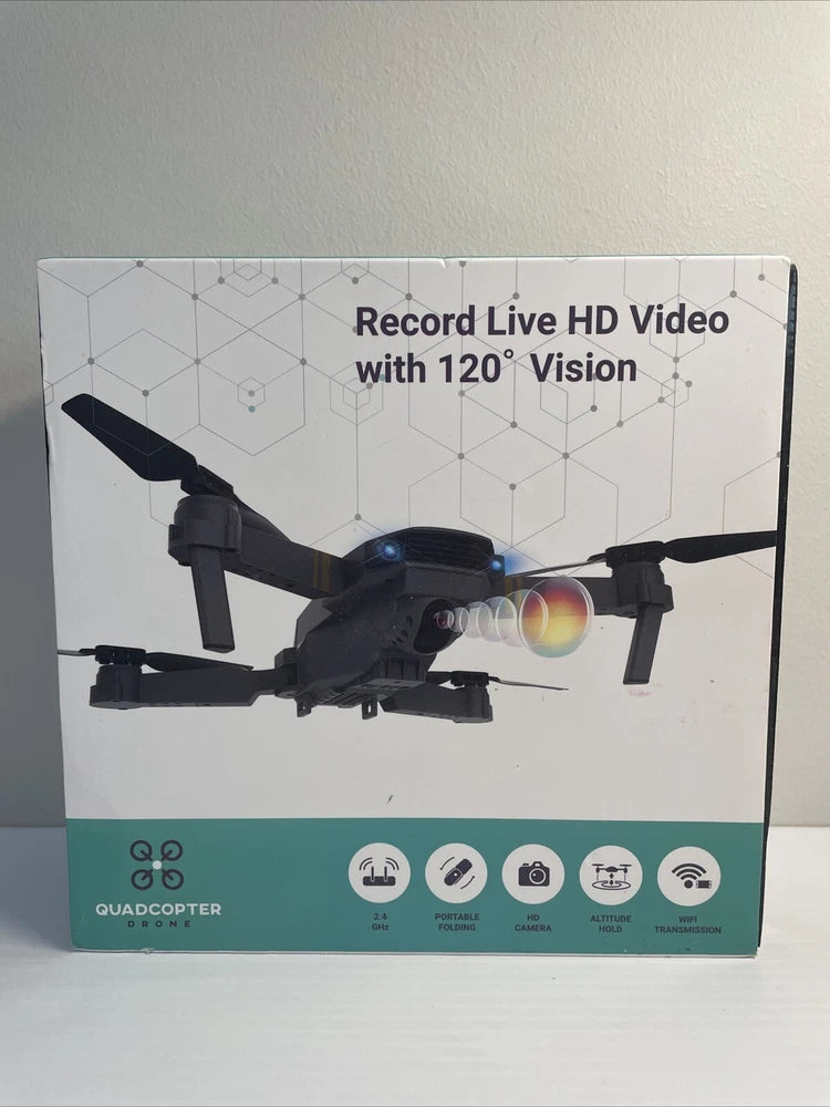Quadcopter drone retail box with black drone, 120° vision, and HD video recording