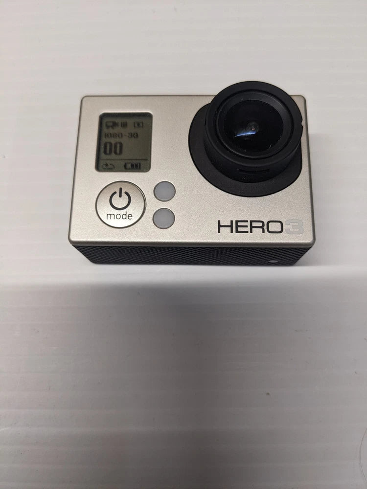 GoPro HERO3 action camera front view with lens, power/mode buttons, and small display