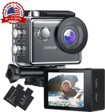 1080P action camera with LCD screen, front lens, and mounting accessories set