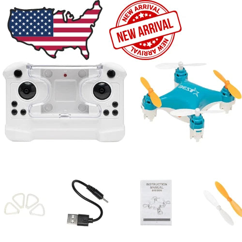 White mini remote control drone set with instruction manual, USB cable, and micro aircraft