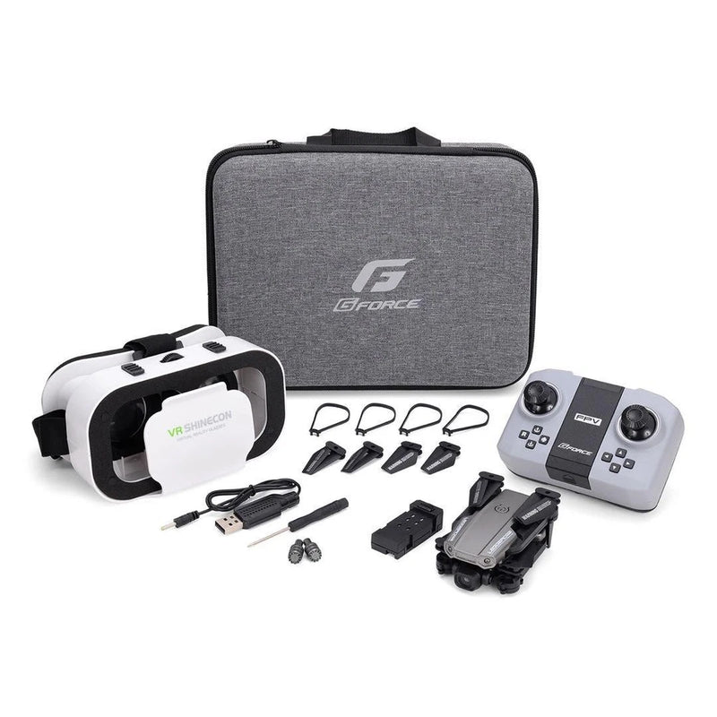 FPV quadcopter drone kit with VR goggles, remote controller, and carrying case