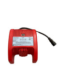 Red Li-ion battery fast charger with vented casing and connected power plug