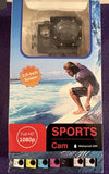 Black 1080p waterproof action camera box with 2-inch screen and 30m rating