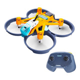 Yellow and blue quadcopter drone with four propellers and dark blue remote controller