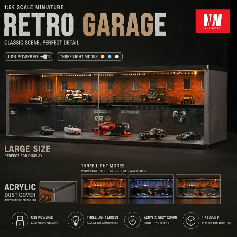 Diorama 1/64 Diecast Car Garage Model LED Lighting Parking Lot Display Case Toy