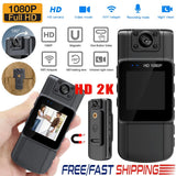 Black mini body-worn video recorder with front lens and small LCD screen