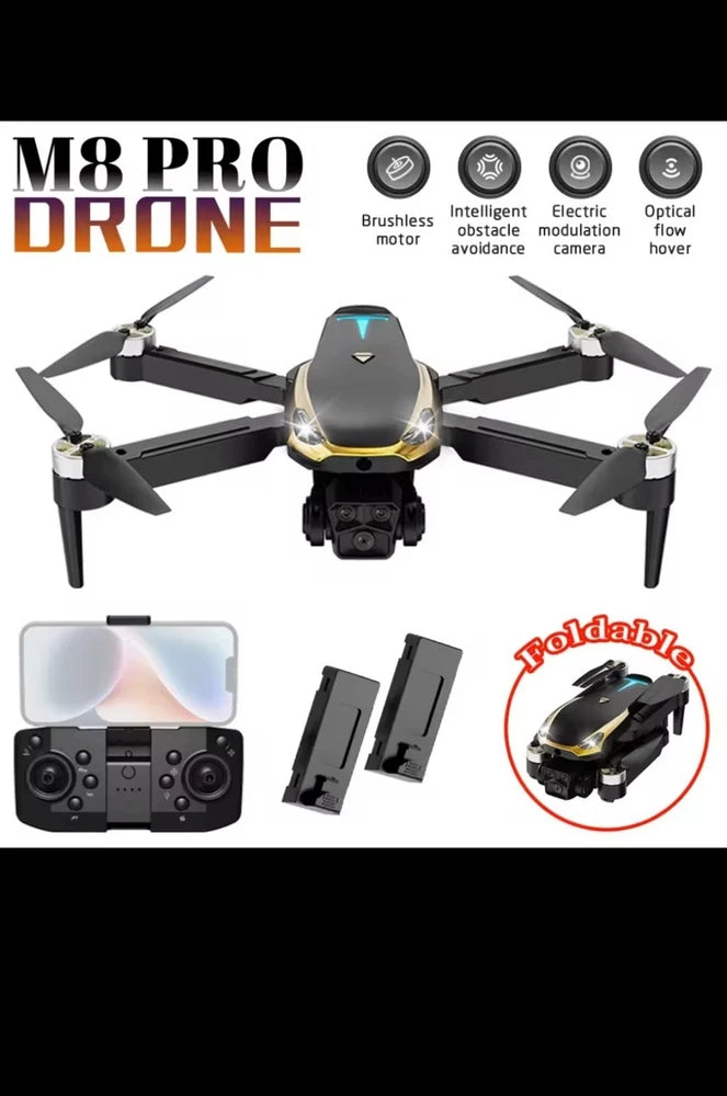 Foldable quadcopter drone with front camera, four propeller arms, dark gray body