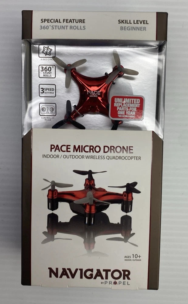 Red micro quadcopter drone with four propellers, shown in retail packaging