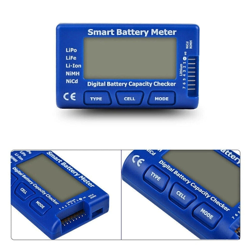 Smart battery capacity checker meter, blue plastic with buttons TYPE CELL MODE