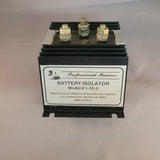 Black boat battery isolator with top studs and front label, Model 1-35-3