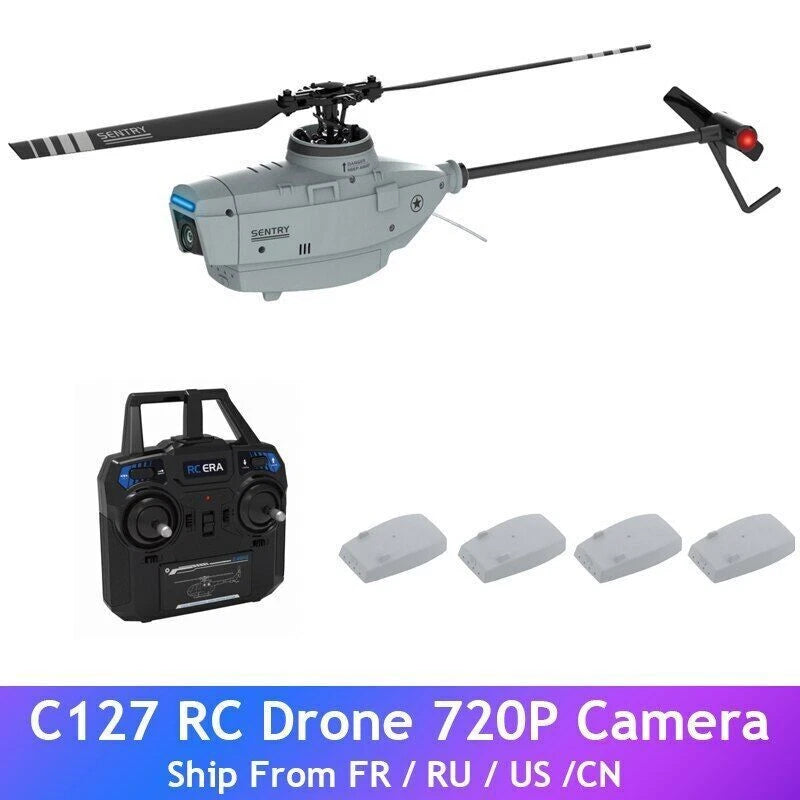 Gray RC helicopter drone with 720P camera and black remote controller, plus spare blades