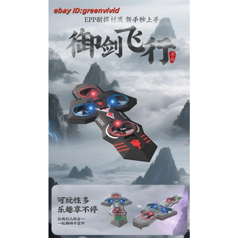 Sword-shaped LED quadcopter drone toy with red and blue lights