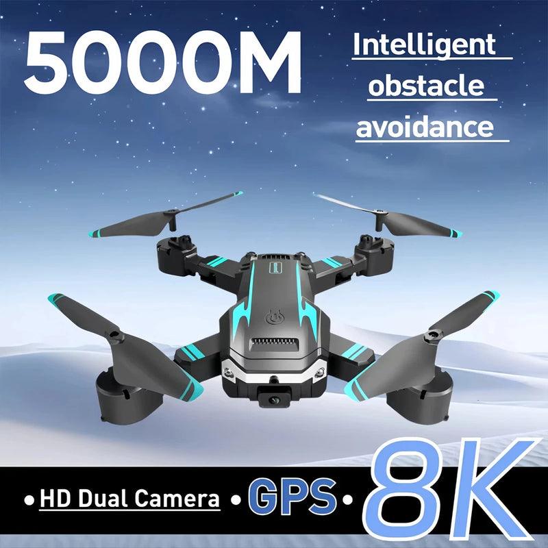 Foldable quadcopter drone with front camera and turquoise accents