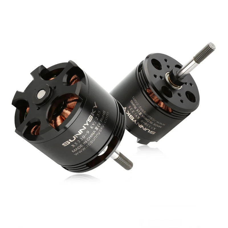 Brushless DC motor with black cylindrical housing, silver shaft and mounting hardware, SUNNYSYS