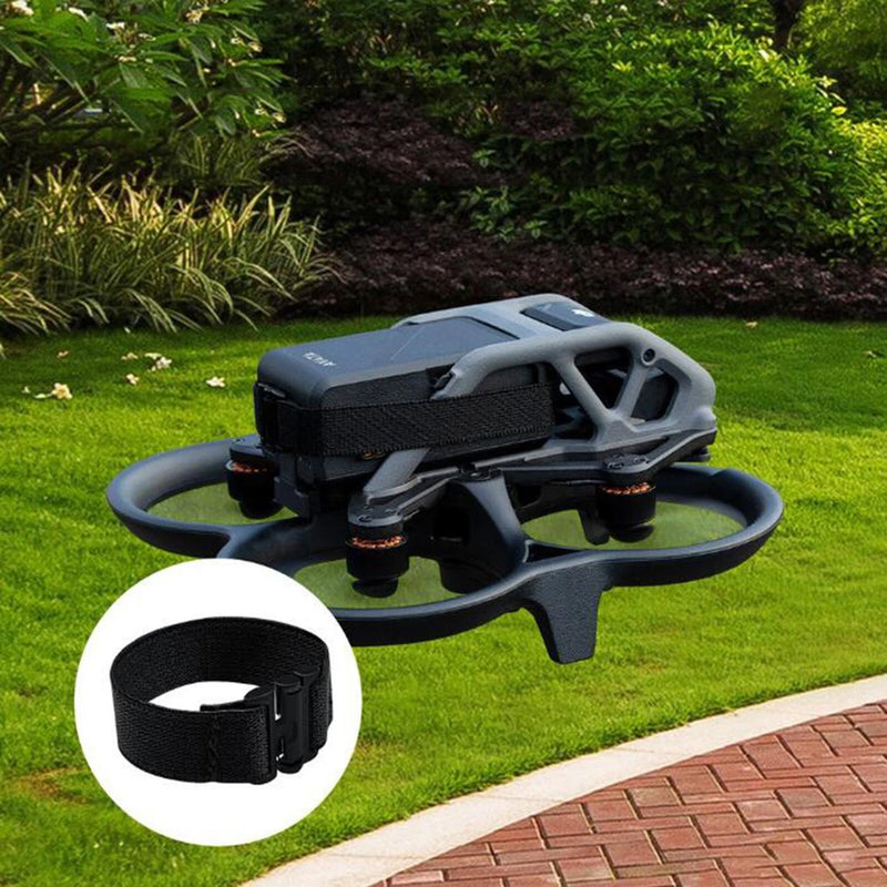 Black battery anti-removal fixing strap for drone, adjustable with clasp and loop.