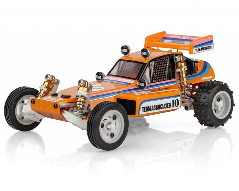 Orange and blue 1/24 scale 2WD electric RC buggy kit with suspension details