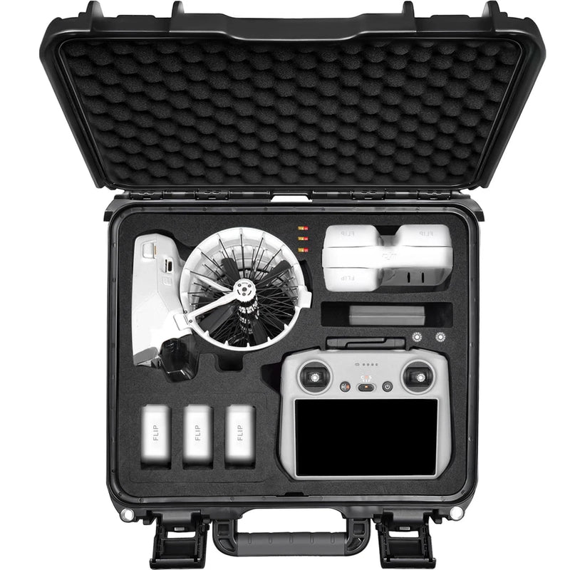 Hard waterproof drone carrying case with molded foam insert, open view
