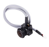 Mini FPV camera module with lens, gray cable, and white connector