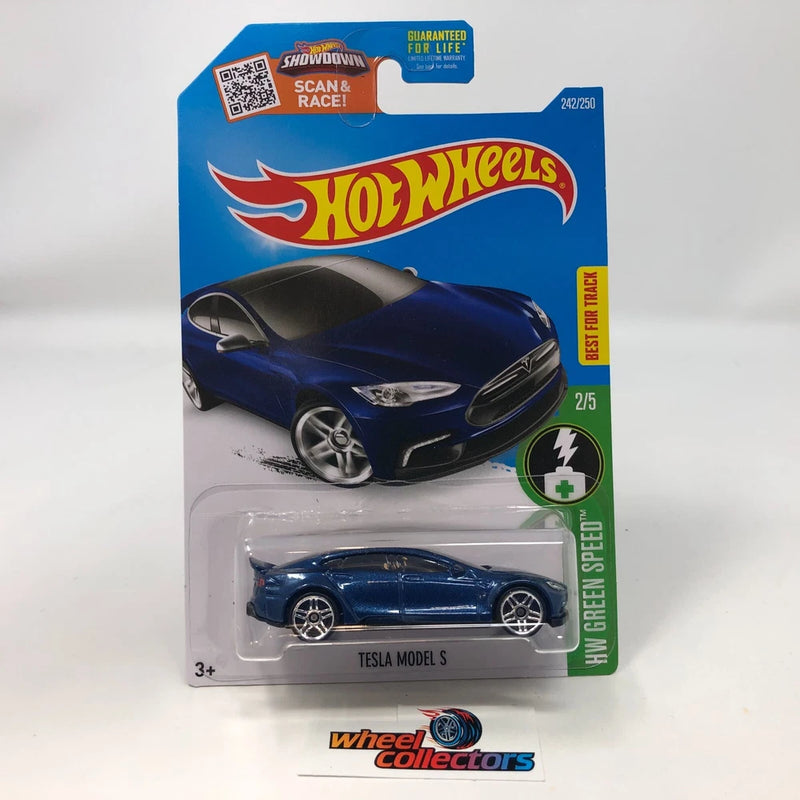 Blue Tesla Model S die-cast toy car in retail blister package