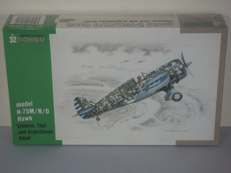 1/32 scale Hawk model kit box front with blue aircraft illustration