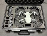 Compact quadcopter drone in hard case with foam cutouts and propeller guards