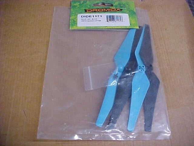 Blue and black quadcopter propeller set in sealed clear bag