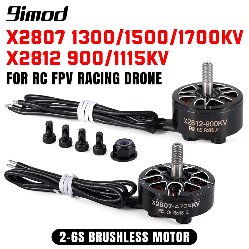 Black brushless RC drone motor with silver shaft, power wires, and mounting screws
