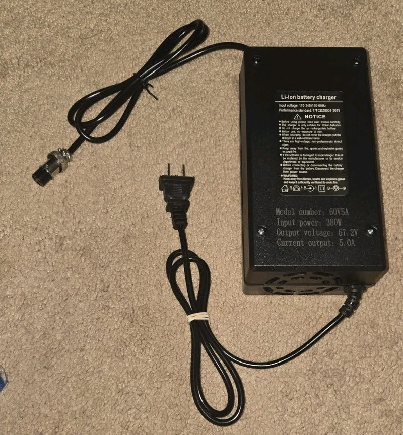 60V Li-ion battery charger with 3P aviation plug and attached power cords