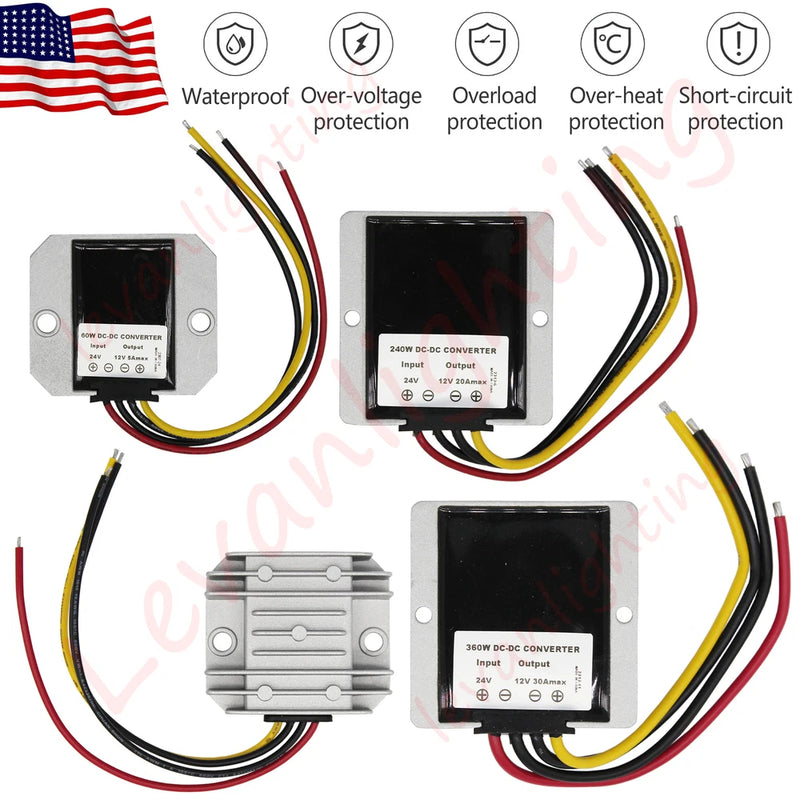 IP67 DC-DC step-down converter with heat sink, wiring terminals, dual black regulator boards