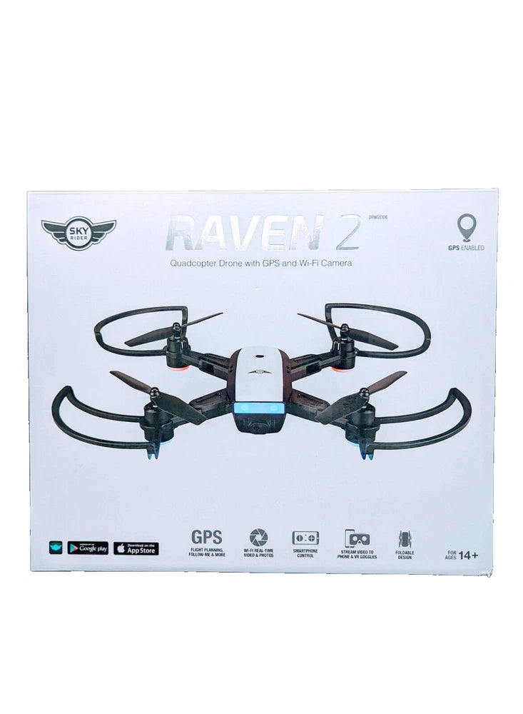 Foldable quadcopter drone box with GPS and Wi‑Fi camera graphic, Raven 2 branding