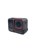 Used Insta360 action cam with red-trimmed lens, black body