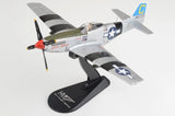 1/48 P-51D Mustang model airplane with blue star markings on black display stand