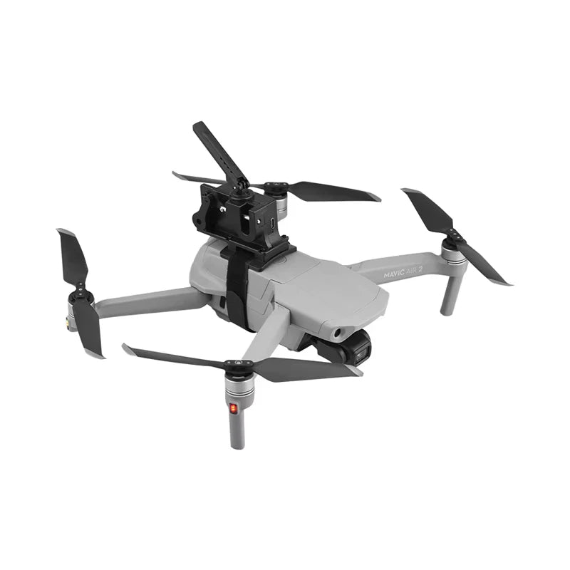 Air-drop drone payload release system, gray/black quadcopter with four propellers