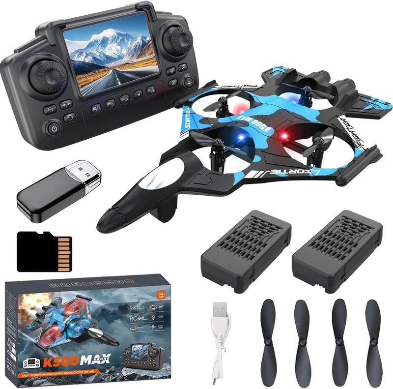 Kids RC fighter jet drone with controller screen, extra battery and propellers, blue/black