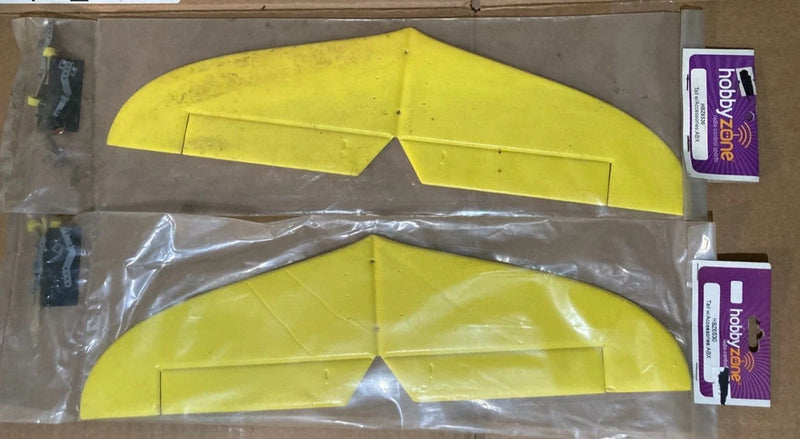 Yellow ABS RC airplane tail fin set with accessories, in retail packaging