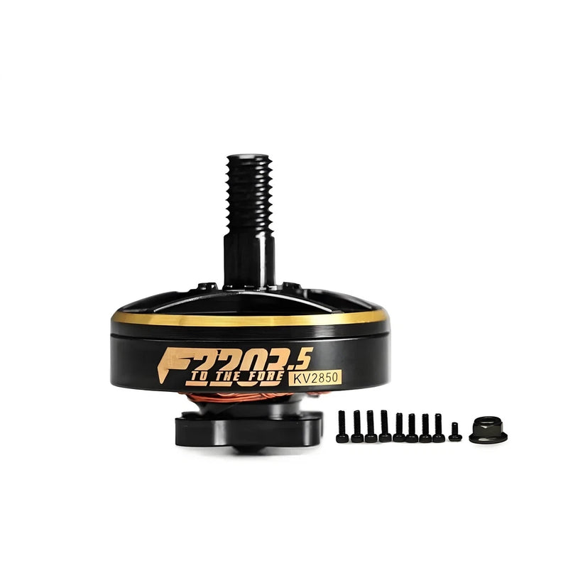 RC brushless drone motor with threaded shaft, gold-black housing, KV2850 label, screws
