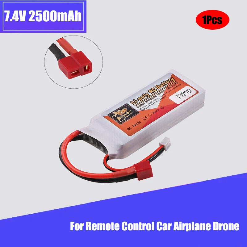 1Pcs 2500mAh 7.4V 35C LiPo Battery T Plug Deans Connector for RC Car Helicopter