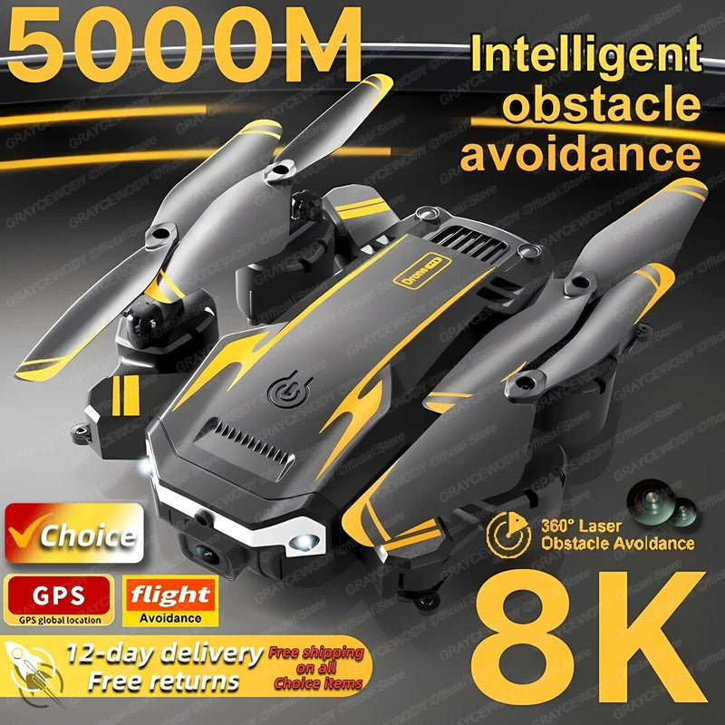 Gray quadcopter drone with obstacle-avoidance design and yellow accents