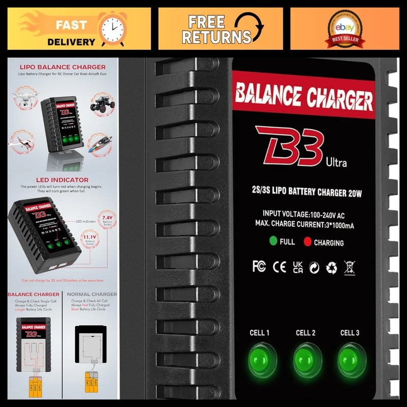 Compact RC LiPo Battery Charger 2S-3S AC 7.4-11.1V Balance Charger for XHR Plug Battery