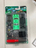 Green lowrider car model kit with molded car body and accessory parts in blister pack