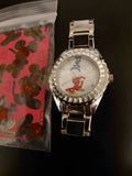Disney Mickey wristwatch with round silver case, Mickey-themed dial, metal link bracelet